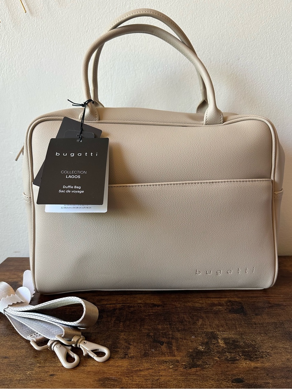 Bugatti Beige Duffle Bag Weekender with Crossbody Strap Vegan Leather NWT